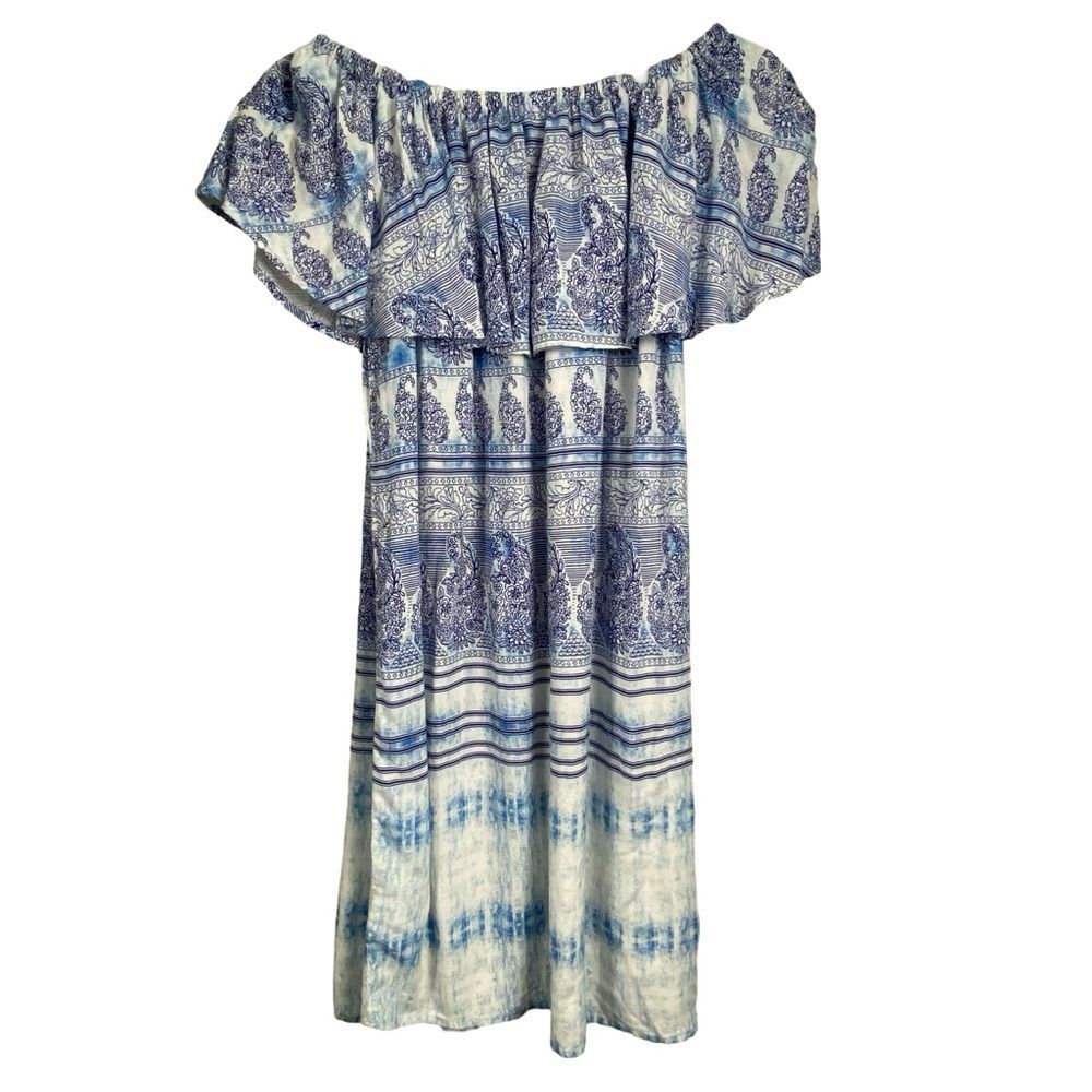 Beach Lunch Lounge Ruffled Off Shoulder Boho Dress Blue White Paisley Size S